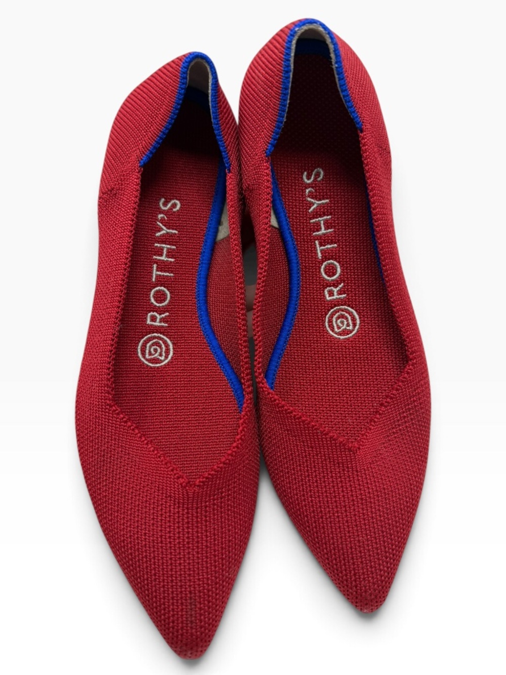 Rothy's The Point Flats Women's 6 Red Knit Pointed Toe Blue Trim